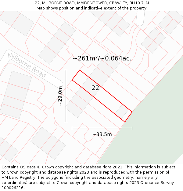 22, MILBORNE ROAD, MAIDENBOWER, CRAWLEY, RH10 7LN: Plot and title map