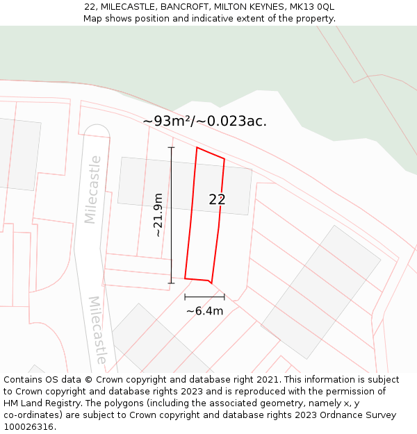 22, MILECASTLE, BANCROFT, MILTON KEYNES, MK13 0QL: Plot and title map