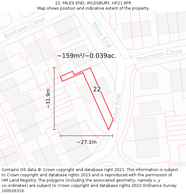 22, MILES END, AYLESBURY, HP21 8PR: Plot and title map