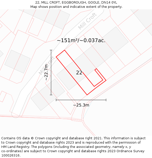 22, MILL CROFT, EGGBOROUGH, GOOLE, DN14 0YL: Plot and title map