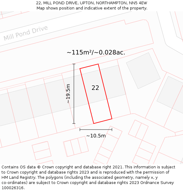 22, MILL POND DRIVE, UPTON, NORTHAMPTON, NN5 4EW: Plot and title map