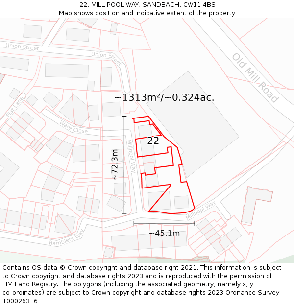 22, MILL POOL WAY, SANDBACH, CW11 4BS: Plot and title map