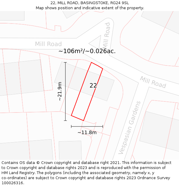 22, MILL ROAD, BASINGSTOKE, RG24 9SL: Plot and title map
