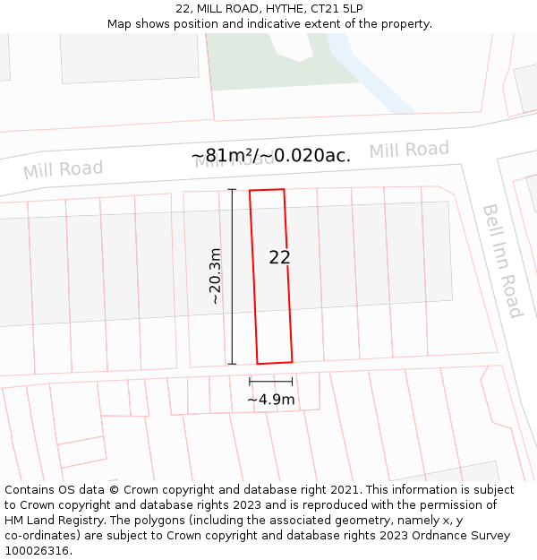 22, MILL ROAD, HYTHE, CT21 5LP: Plot and title map