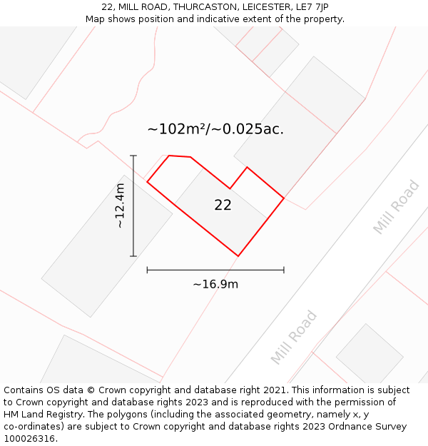 22, MILL ROAD, THURCASTON, LEICESTER, LE7 7JP: Plot and title map