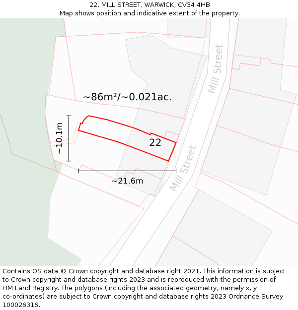 22, MILL STREET, WARWICK, CV34 4HB: Plot and title map