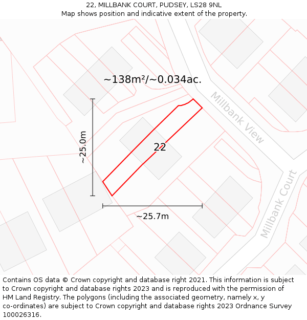22, MILLBANK COURT, PUDSEY, LS28 9NL: Plot and title map