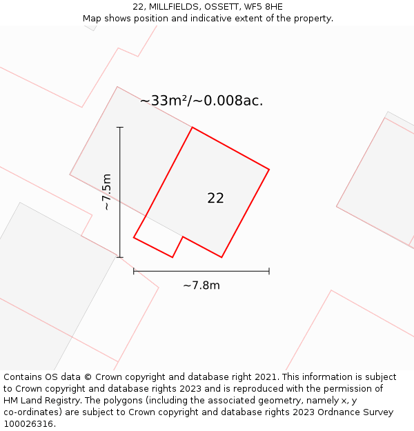 22, MILLFIELDS, OSSETT, WF5 8HE: Plot and title map