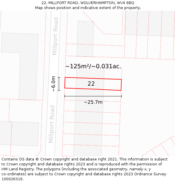 22, MILLPORT ROAD, WOLVERHAMPTON, WV4 6BQ: Plot and title map