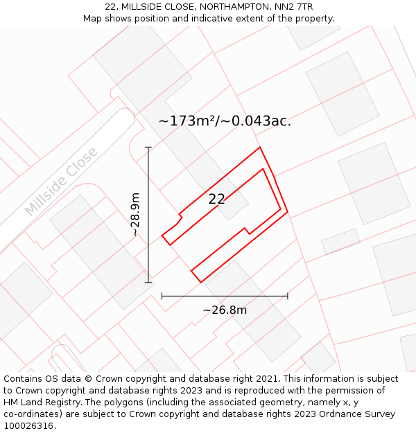 22, MILLSIDE CLOSE, NORTHAMPTON, NN2 7TR: Plot and title map