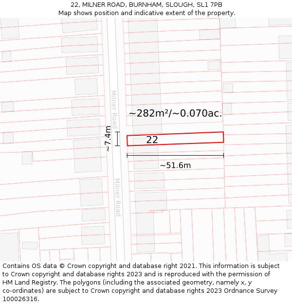 22, MILNER ROAD, BURNHAM, SLOUGH, SL1 7PB: Plot and title map