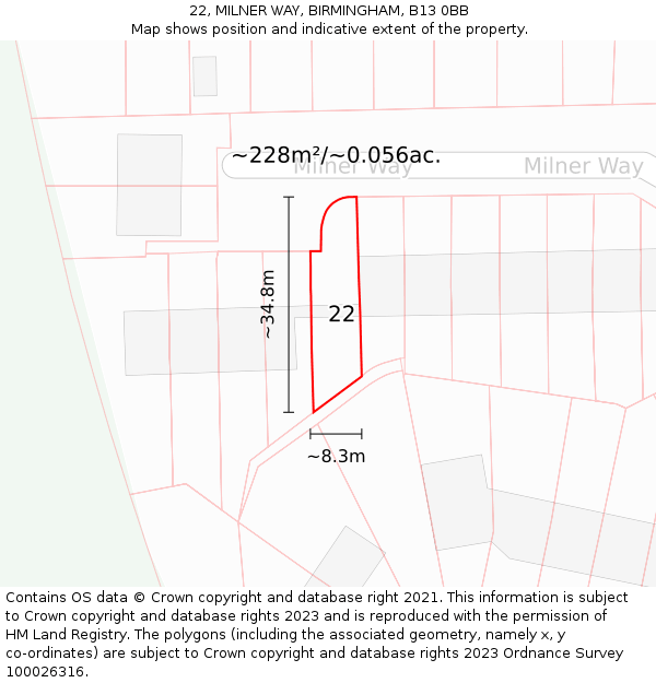 22, MILNER WAY, BIRMINGHAM, B13 0BB: Plot and title map