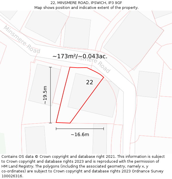 22, MINSMERE ROAD, IPSWICH, IP3 9GF: Plot and title map