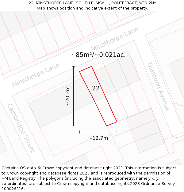 22, MINSTHORPE LANE, SOUTH ELMSALL, PONTEFRACT, WF9 2NY: Plot and title map