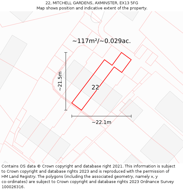 22, MITCHELL GARDENS, AXMINSTER, EX13 5FG: Plot and title map