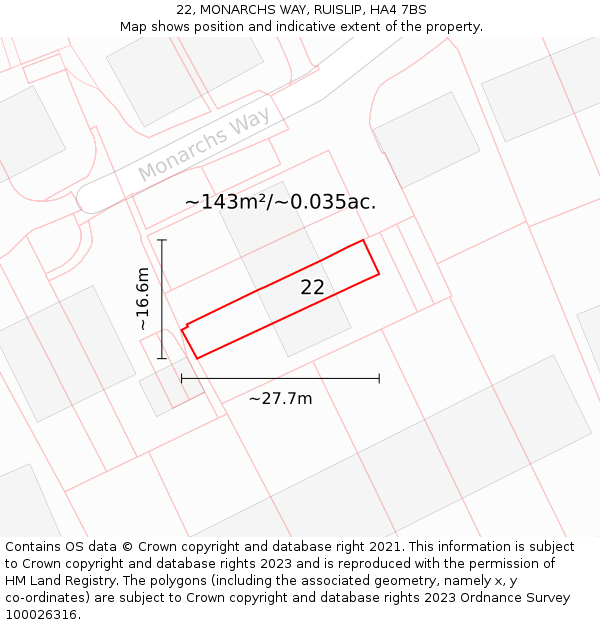 22, MONARCHS WAY, RUISLIP, HA4 7BS: Plot and title map