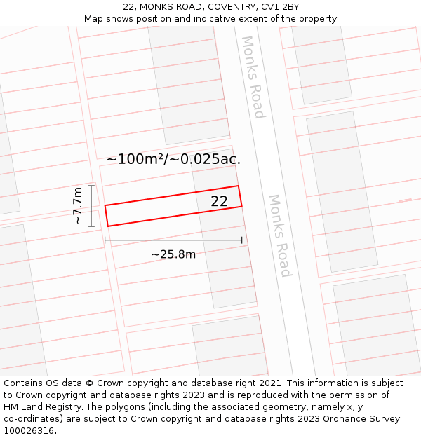 22, MONKS ROAD, COVENTRY, CV1 2BY: Plot and title map