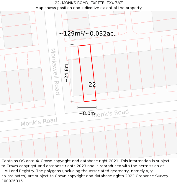 22, MONKS ROAD, EXETER, EX4 7AZ: Plot and title map
