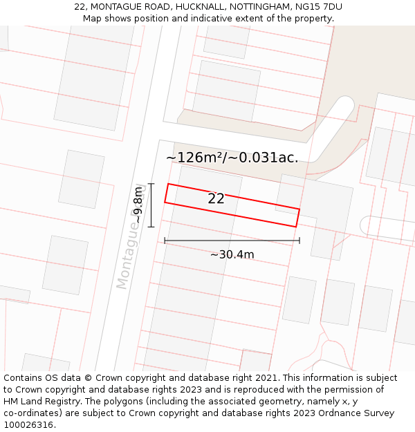 22, MONTAGUE ROAD, HUCKNALL, NOTTINGHAM, NG15 7DU: Plot and title map
