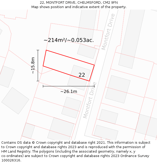 22, MONTFORT DRIVE, CHELMSFORD, CM2 9FN: Plot and title map