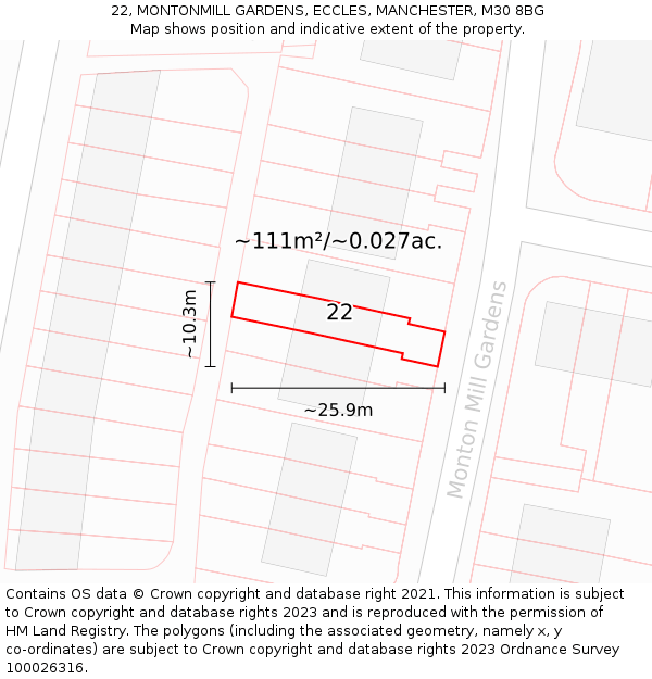 22, MONTONMILL GARDENS, ECCLES, MANCHESTER, M30 8BG: Plot and title map