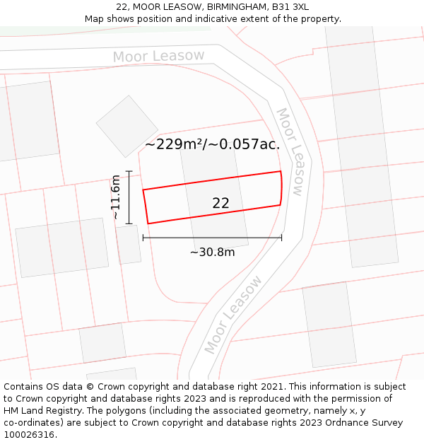 22, MOOR LEASOW, BIRMINGHAM, B31 3XL: Plot and title map