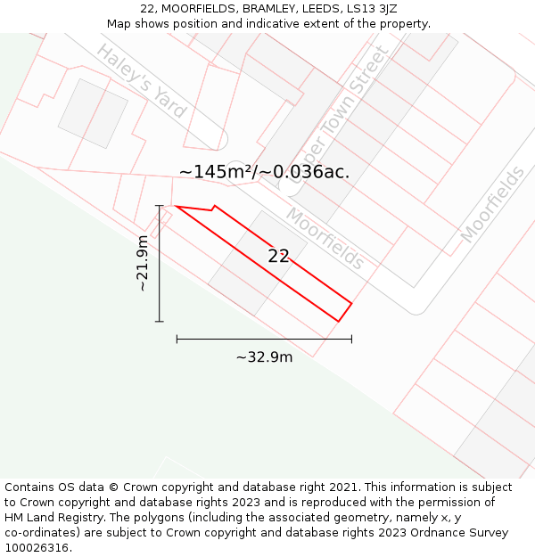 22, MOORFIELDS, BRAMLEY, LEEDS, LS13 3JZ: Plot and title map