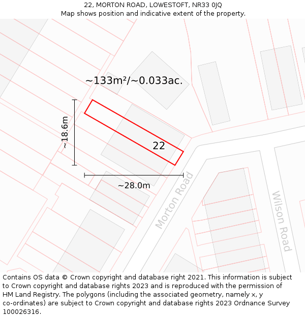 22, MORTON ROAD, LOWESTOFT, NR33 0JQ: Plot and title map