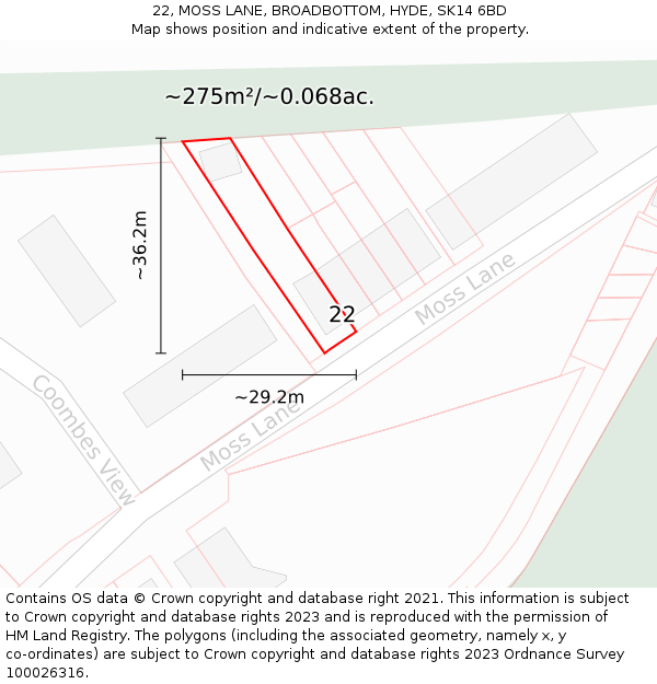 22, MOSS LANE, BROADBOTTOM, HYDE, SK14 6BD: Plot and title map