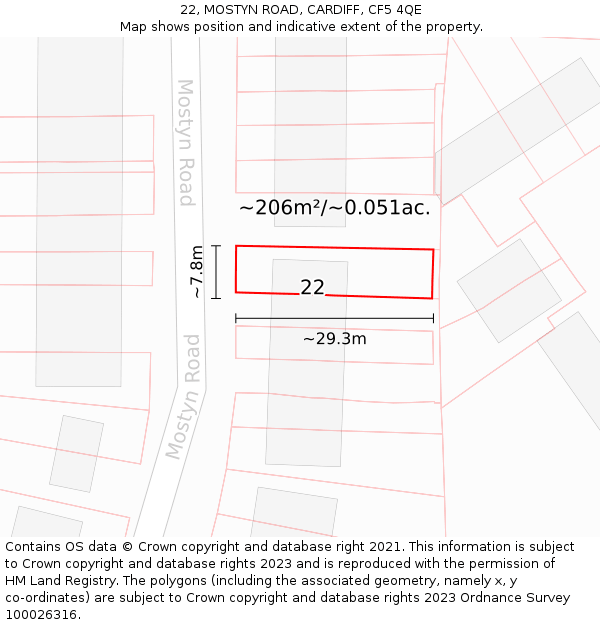 22, MOSTYN ROAD, CARDIFF, CF5 4QE: Plot and title map