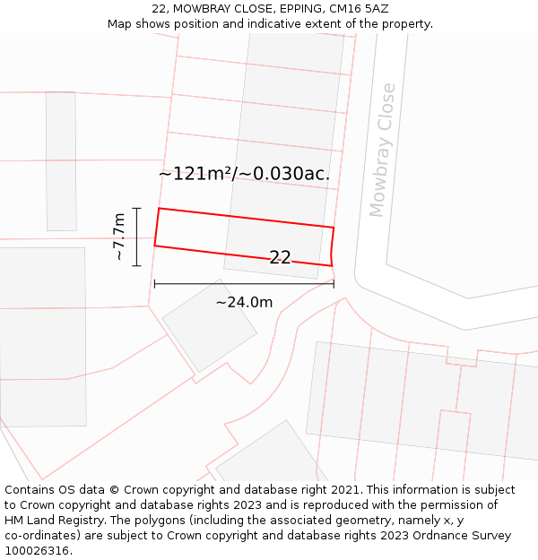 22, MOWBRAY CLOSE, EPPING, CM16 5AZ: Plot and title map