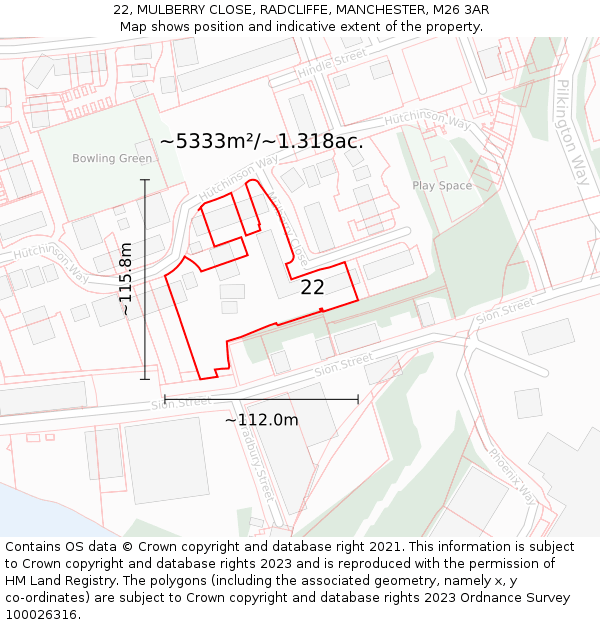 22, MULBERRY CLOSE, RADCLIFFE, MANCHESTER, M26 3AR: Plot and title map