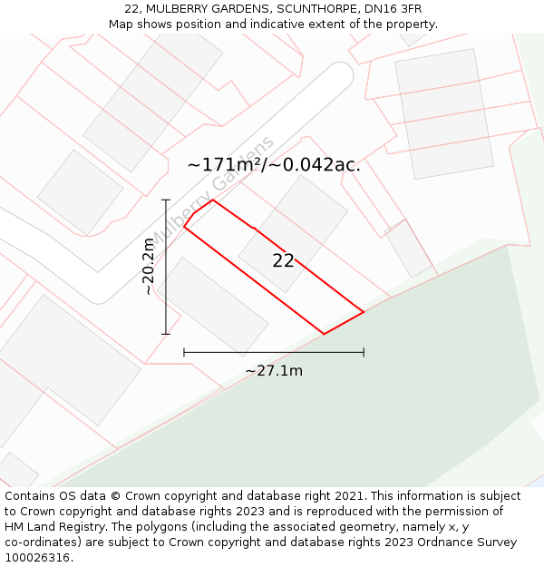 22, MULBERRY GARDENS, SCUNTHORPE, DN16 3FR: Plot and title map