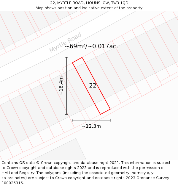 22, MYRTLE ROAD, HOUNSLOW, TW3 1QD: Plot and title map