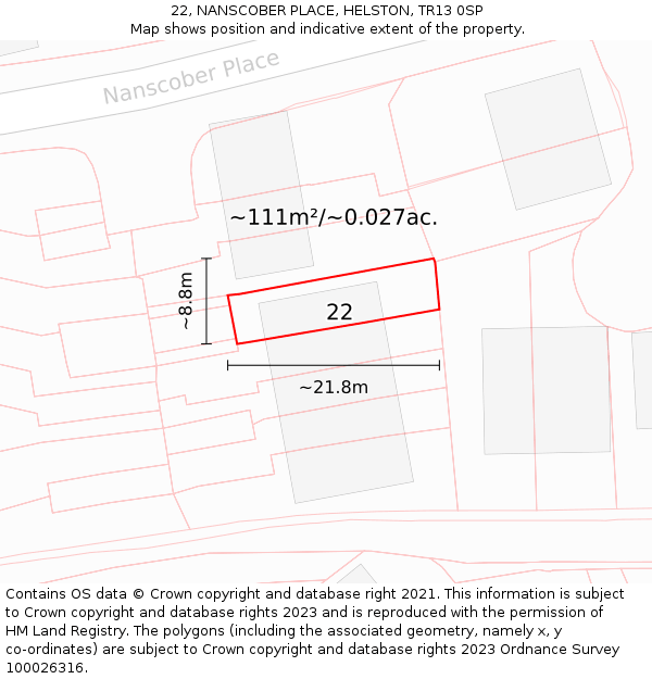 22, NANSCOBER PLACE, HELSTON, TR13 0SP: Plot and title map