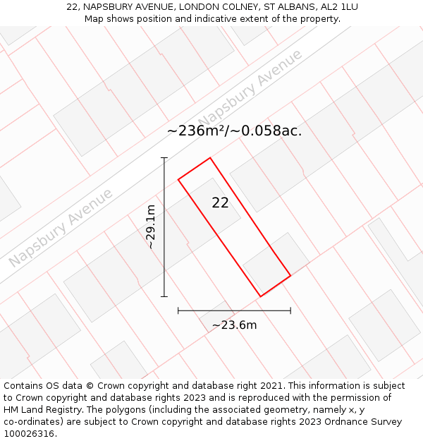 22, NAPSBURY AVENUE, LONDON COLNEY, ST ALBANS, AL2 1LU: Plot and title map