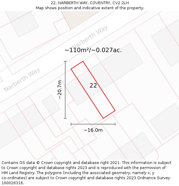 22, NARBERTH WAY, COVENTRY, CV2 2LH: Plot and title map