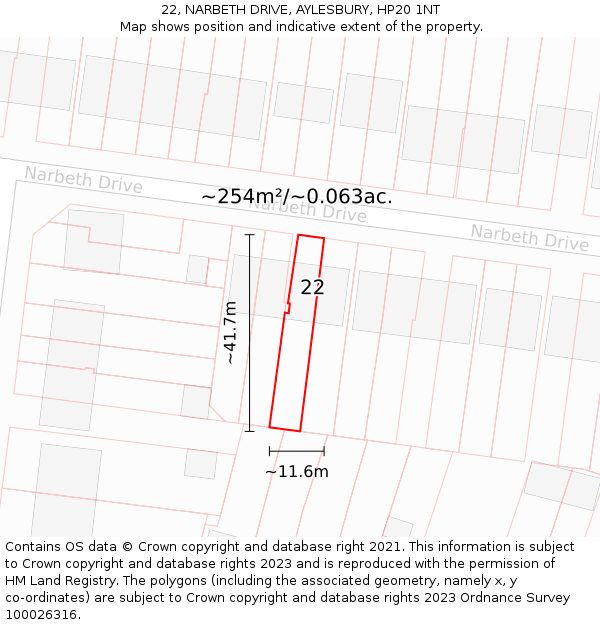 22, NARBETH DRIVE, AYLESBURY, HP20 1NT: Plot and title map