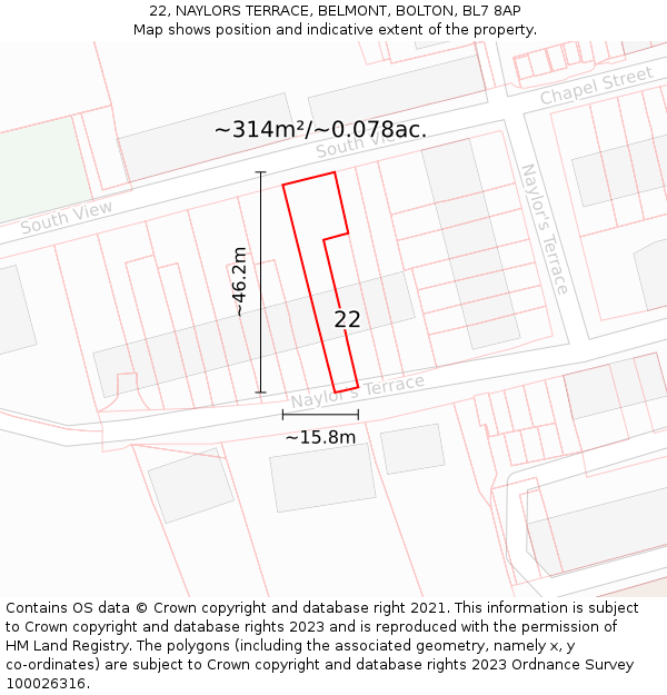 22, NAYLORS TERRACE, BELMONT, BOLTON, BL7 8AP: Plot and title map