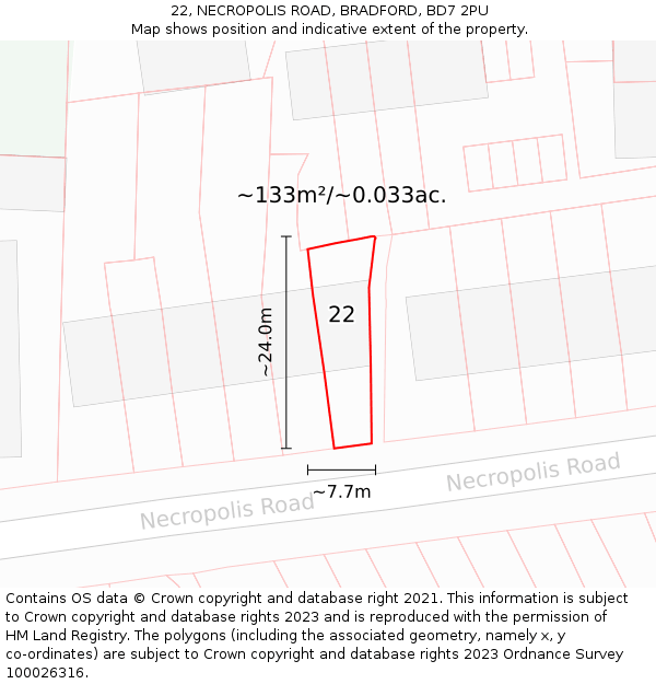 22, NECROPOLIS ROAD, BRADFORD, BD7 2PU: Plot and title map