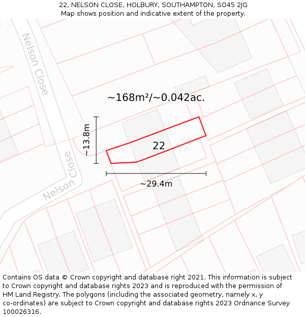 22, NELSON CLOSE, HOLBURY, SOUTHAMPTON, SO45 2JG: Plot and title map