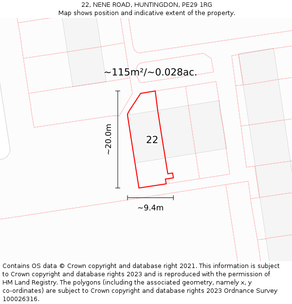 22, NENE ROAD, HUNTINGDON, PE29 1RG: Plot and title map