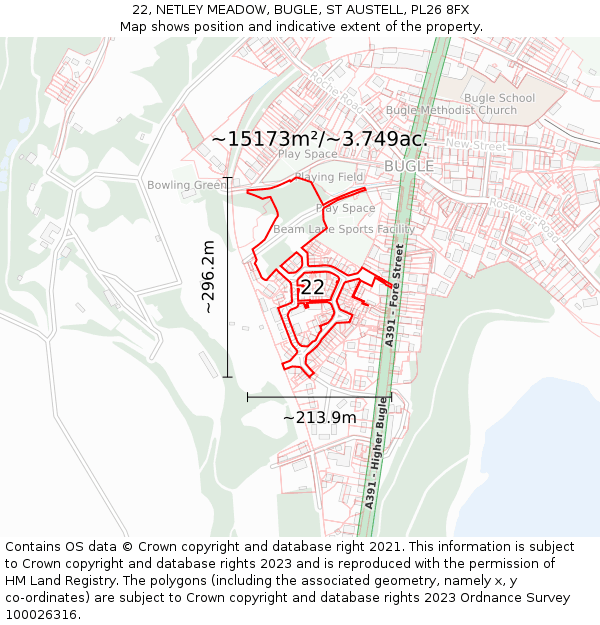 22, NETLEY MEADOW, BUGLE, ST AUSTELL, PL26 8FX: Plot and title map