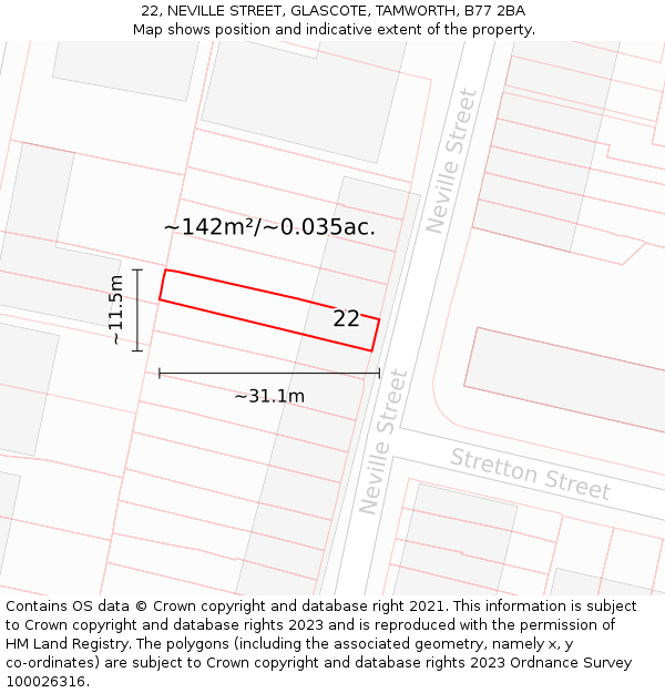 22, NEVILLE STREET, GLASCOTE, TAMWORTH, B77 2BA: Plot and title map