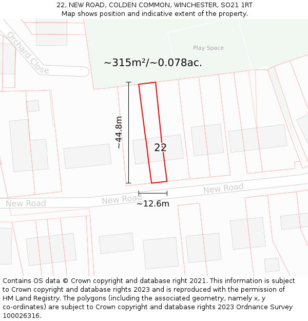 22, NEW ROAD, COLDEN COMMON, WINCHESTER, SO21 1RT: Plot and title map