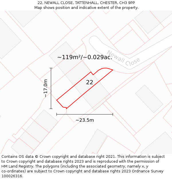 22, NEWALL CLOSE, TATTENHALL, CHESTER, CH3 9PP: Plot and title map