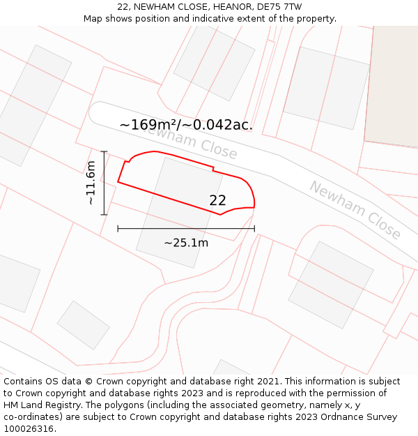 22, NEWHAM CLOSE, HEANOR, DE75 7TW: Plot and title map