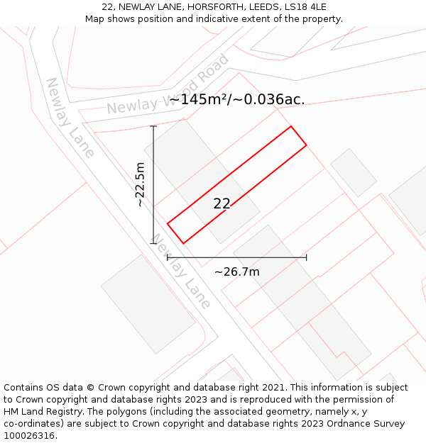 22, NEWLAY LANE, HORSFORTH, LEEDS, LS18 4LE: Plot and title map
