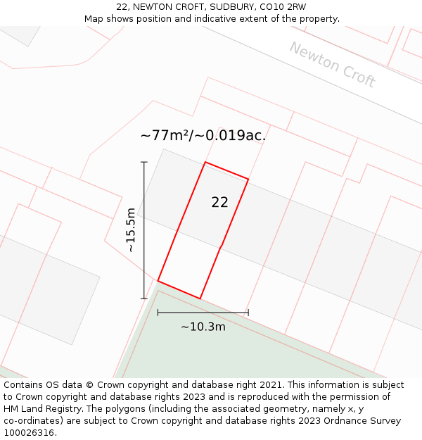 22, NEWTON CROFT, SUDBURY, CO10 2RW: Plot and title map