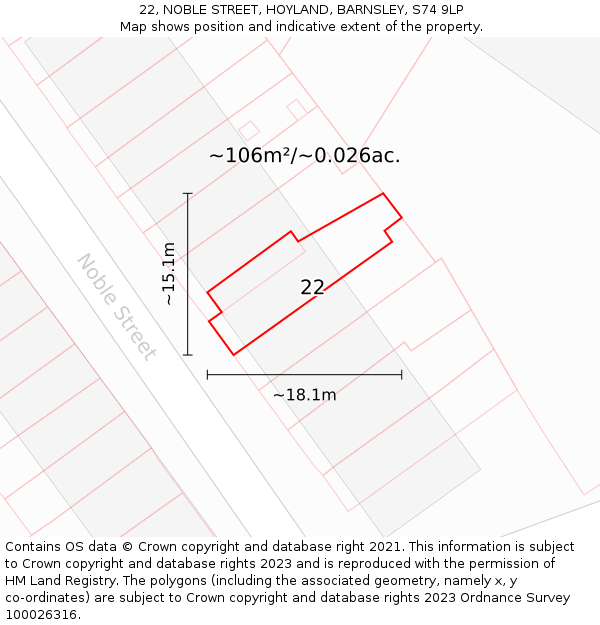 22, NOBLE STREET, HOYLAND, BARNSLEY, S74 9LP: Plot and title map